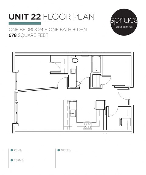 Floor plan for 1 bed, 1 bath, 678 sqft